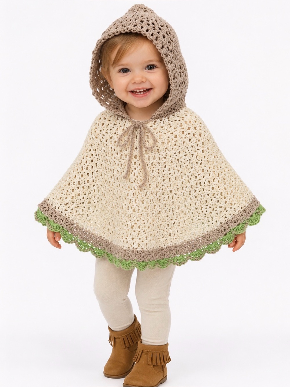 Handmade Toddler Crochet Poncho Size 2 Beige Green Scalloped Hooded Cape New